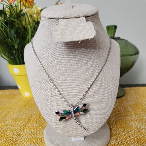 Vintage Sterling Silver Colorful DRAGONFLY Pendant Brooch with 18" Chain - Picture 7 of 10